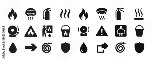Fire safety icons: alarms, extinguishers, smoke detectors, hazar