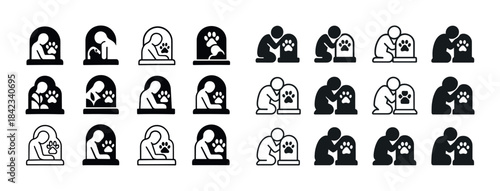 Pet memorial icons: human grieving pet loss in monochrome design