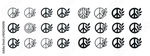 Peace symbol variations with olive branch designs in monochrome