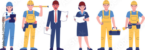 Construction workers and engineers wearing hard hats, holding tools and blueprints, diverse team illustration, professional staff, architecture industry, teamwork concept, occupation