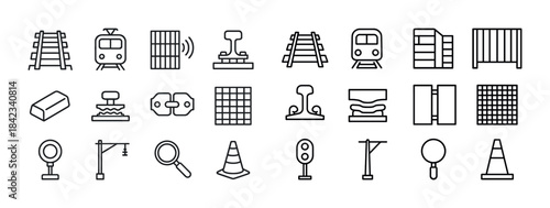 Railway icons collection: tracks, trains, barriers, and signal d