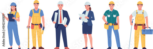 Construction workers and engineers wearing hard hats, holding tools and blueprints, diverse team illustration, professional staff, architecture industry, teamwork concept, occupation