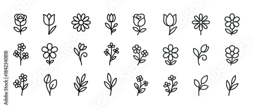 Minimalist flower icon set with various bloom designs