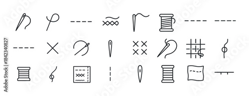 Sewing icons set: needles, threads, stitches, patterns, tools