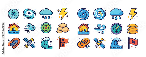 Weather and disaster icons: storm, rain, wind, flood, alert