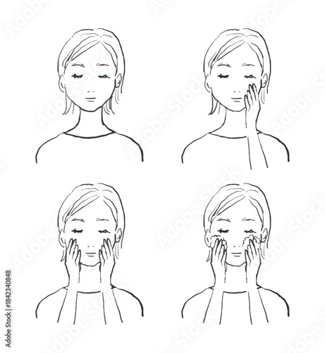スキンケア、洗顔をする女性イラストセット　線画