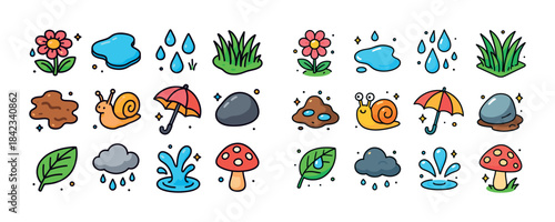 Colorful nature elements: flowers, snails, umbrellas, raindrops,