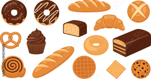 A diverse vector collection of baked goods, including chocolate donuts, baguettes, croissants, cupcakes, waffles, and cookies, representing patisserie, dessert, and breakfast food concepts
