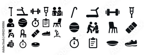 Orthopedic and rehabilitation icons: medical equipment, exercise