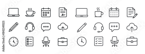 Business and office icon set: laptop, coffee, calendar, headset,