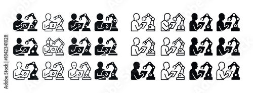 Robotics icons: human and robotic arm collaboration in technolog