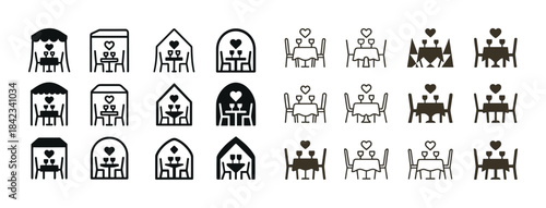 Romantic dinner icon set featuring various outline styles of tab