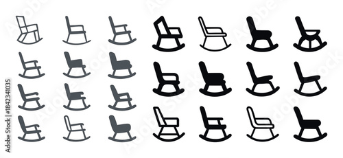 Variety of rocking chair icons in different styles and shades