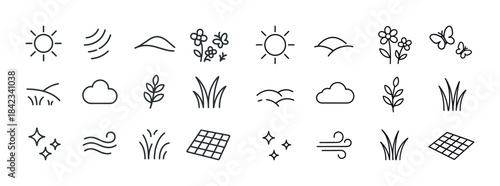 Minimalist nature and weather icons featuring sun, clouds, and p