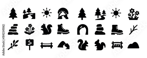 Nature and hiking icons: trees, sun, trails, and wildlife silhou