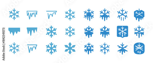 Variety of ice and snowflake icons in blue tones