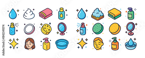 Skincare and beauty routine icons: soaps, creams, towels, and mi