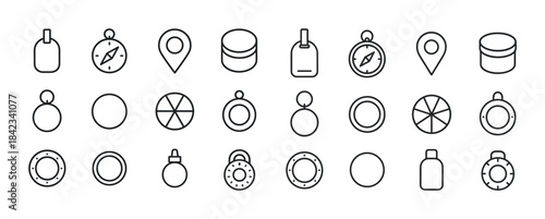 Minimalist geometric icons set with compass, location pin, and c