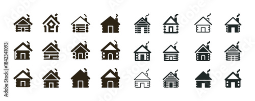 Set of various log cabin icons in different styles and designs