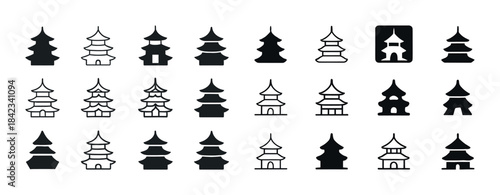 Variety of asian pagoda icons in black and white silhouettes