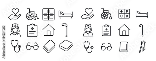 Healthcare icons: medical equipment, hospital staff, patient car