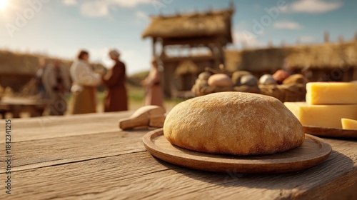 Rustic setting with bread, cheese, and people in the background.