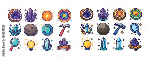 Colorful crystal and gemstone collection with geodes and tools