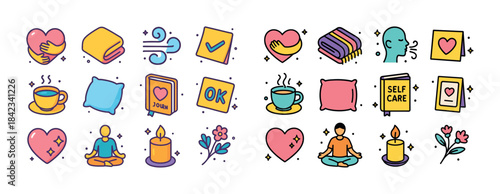 Colorful wellness and self-care icons featuring meditation and r