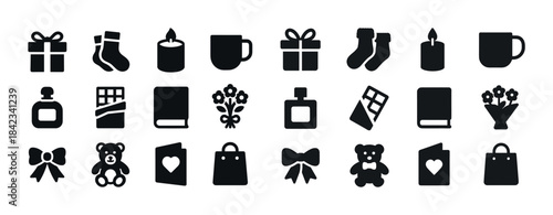 Set of gift, candle, and toy icons in black and white