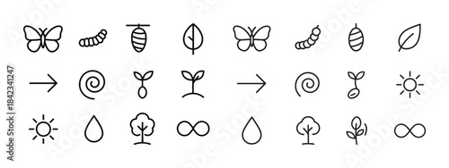 Nature symbols collection: butterflies, leaves, and growth stage