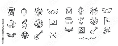 Cultural festival icons: drums, lanterns, masks, fireworks, danc
