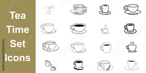 Set of 16 Line Art Tea and Coffee Cup Icons, Perfect for Menu Design and Cafeteria Graphics
