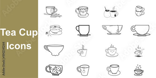 16 Vector Outline Icons of Various Tea Cups on Saucers, Ideal for Graphic Design and Web Use