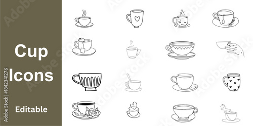 Assorted Hand-Drawn Style Tea Cup Icons with Floral and Decorative Elements, Vintage Inspired