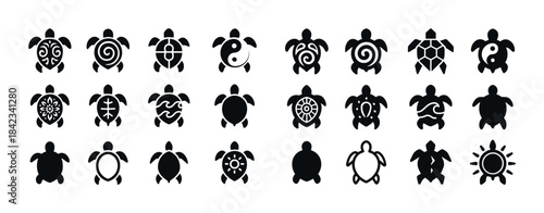 Abstract turtle icon set featuring various tribal and geometric