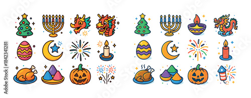 Colorful holiday icons featuring dragons menorah pumpkins and fi