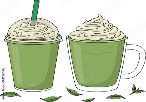 Matcha green tea beverage illustration set featuring iced and hot drinks with whipped cream toppings and fresh tea leaves