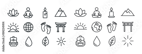 Minimalist icon set: yoga, nature, travel, meditation, adventure