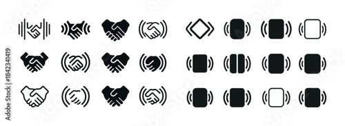 Black and white handshake and wireless communication icons set