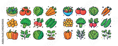 Colorful cartoon vegetables collection with fresh garden produce