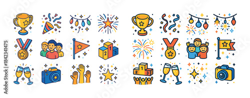 Celebration icons: trophies, parties, fireworks, medals, familie