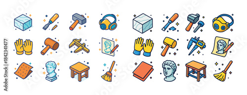 Stone carving tools and safety gear icon set with statues and ac