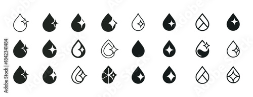Set of water droplet icons with diverse designs and styles in bl