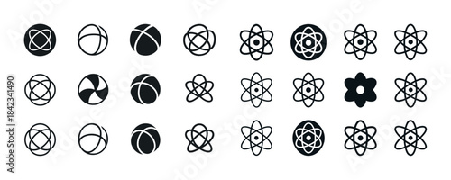 Collection of atomic and geometric icon designs in black and whi