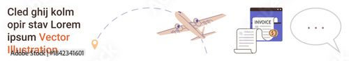 Business travel, logistics, invoicing, communication, document management, efficiency. Airplane in flight, invoice documents and a speech bubble. Business travel and logistics concept