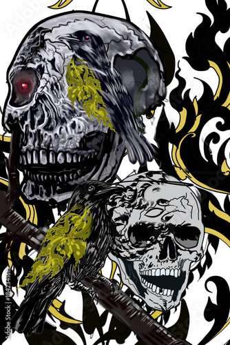 skull and bones​ with​ line​Thai​ decoration​ style​