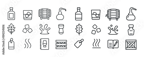 Line icons of whiskey elements: glasses, barrels, distiller with