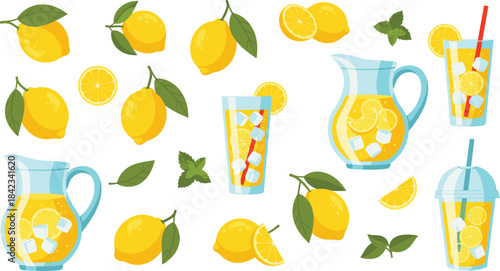 A refreshing vector collection of yellow lemons, slices, leaves, pitchers, and glasses filled with iced lemonade and mint, symbolizing summer, healthy drinks, and fresh citrus concepts