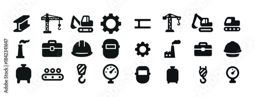 Industrial equipment icons set: construction, safety, machinery,