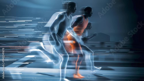 Futuristic Digital Runners in Motion on High-Tech Racing Track